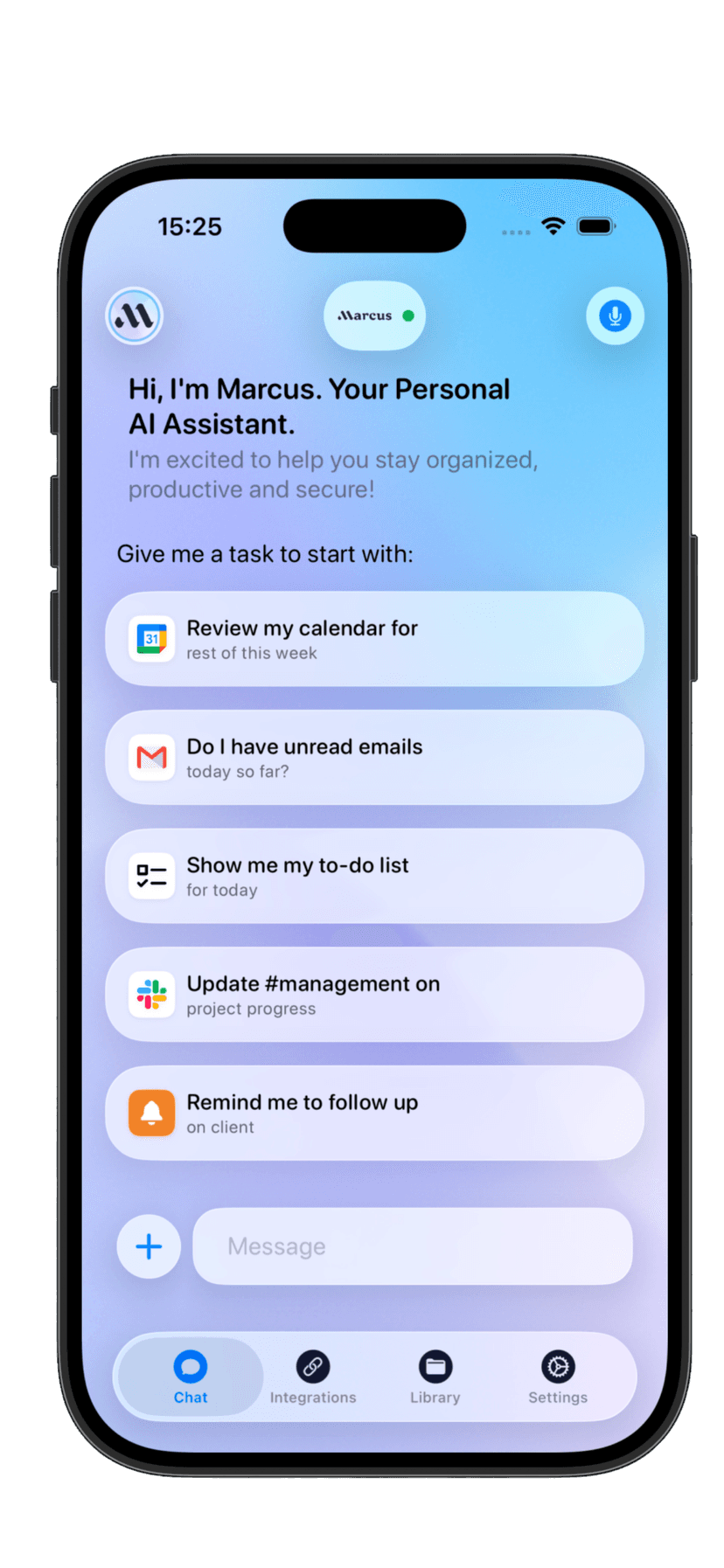 Marcus AI mobile app interface showing AI-powered chat assistant for managing emails, calendar, and tasks on iPhone