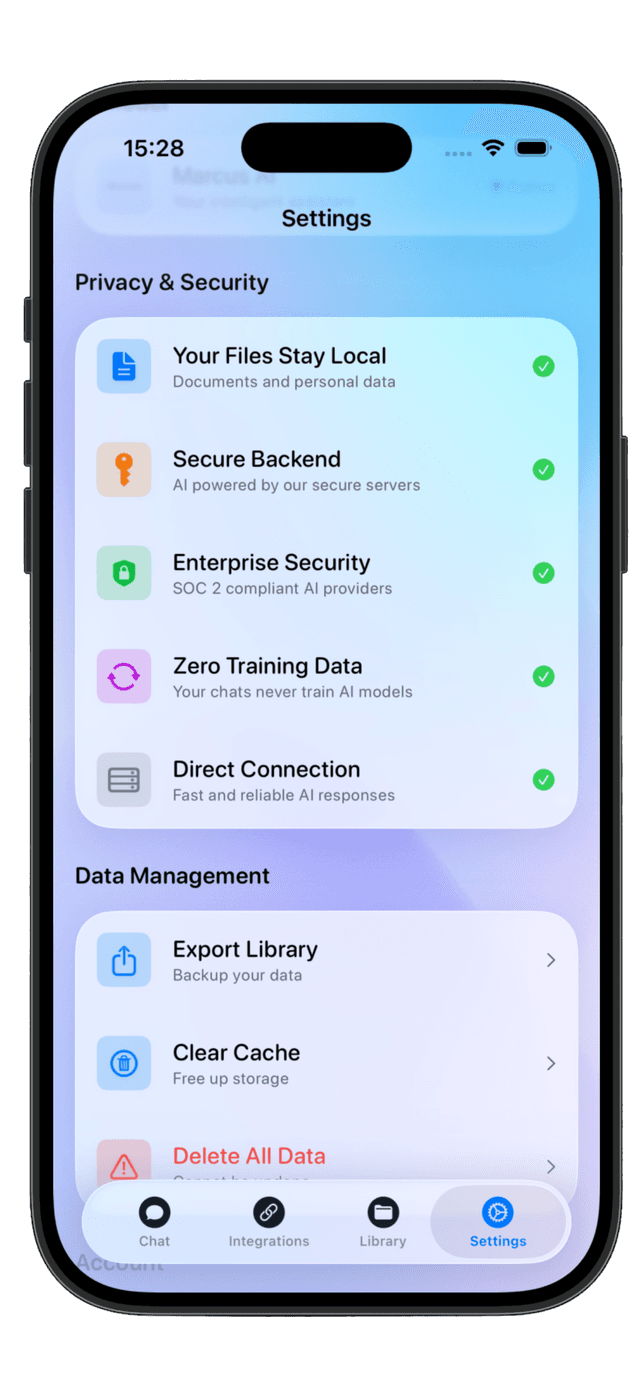 Privacy First - Enterprise-grade security with local data storage on Marcus AI mobile application